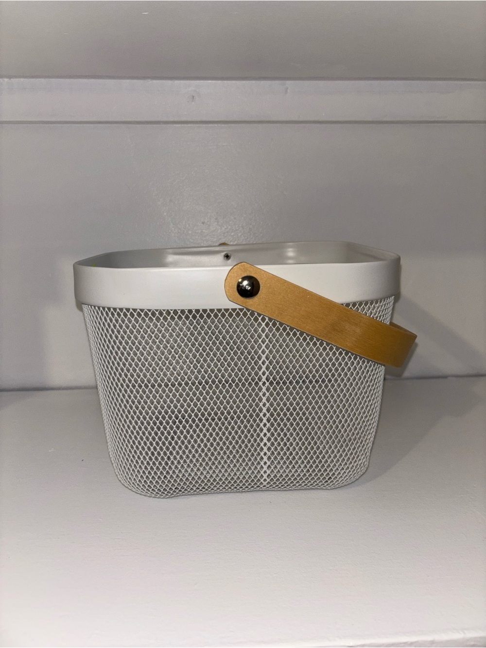White Mesh Storage Basket with Wooden Handle - Home Accents